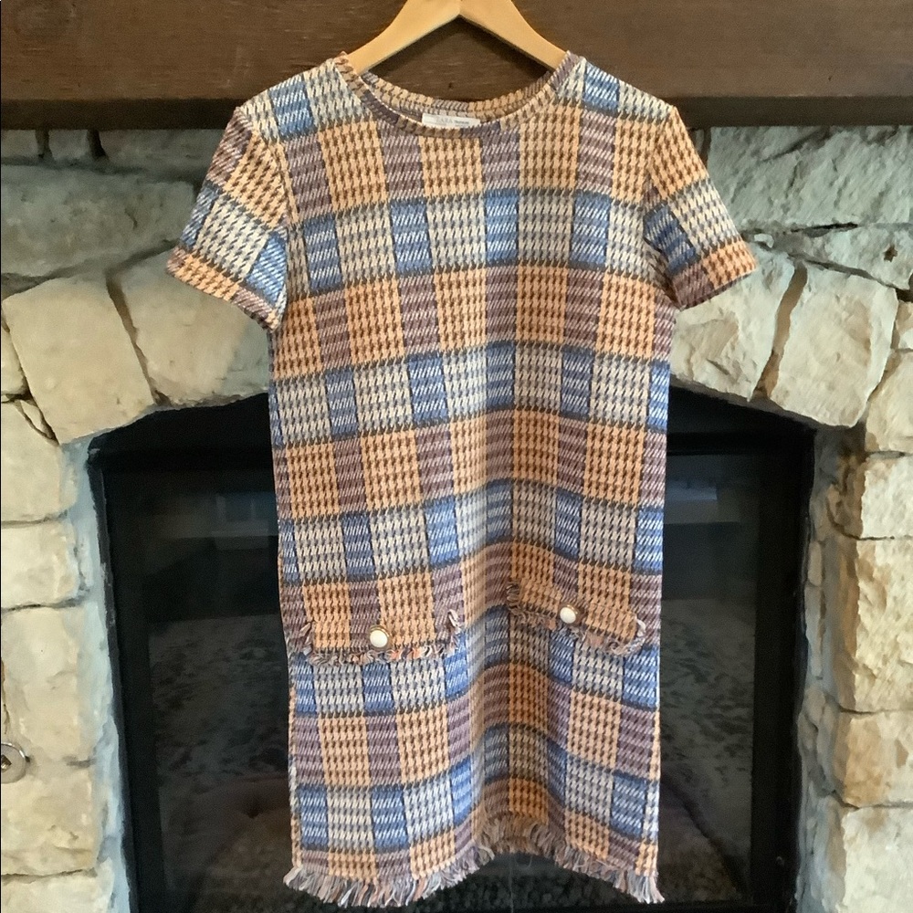 Zara Blue and Tan Plaid Mini Dress